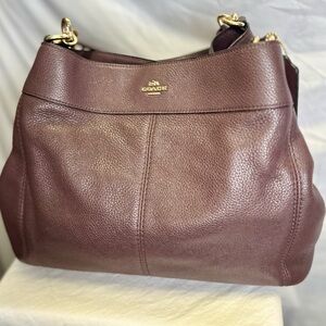 COACH Lexy Pebbled Leather Eggplant Dark Purple Maroon Shoulder Tote Bag Purse